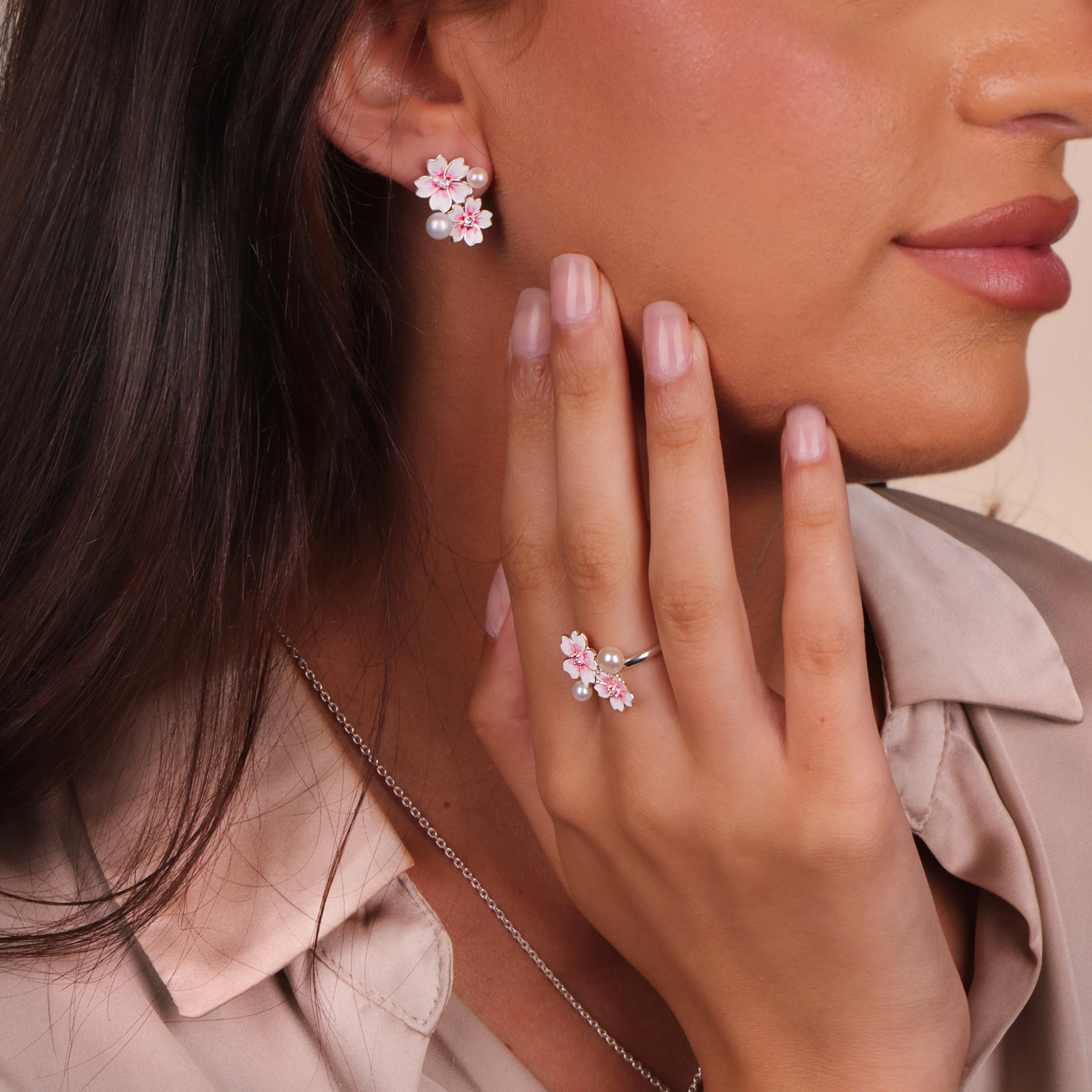 Sterling Silver Pearl & Pink Sapphire Double Cherry Blossom Stud Earrings sold by Jura Watches product image thumbnail 2