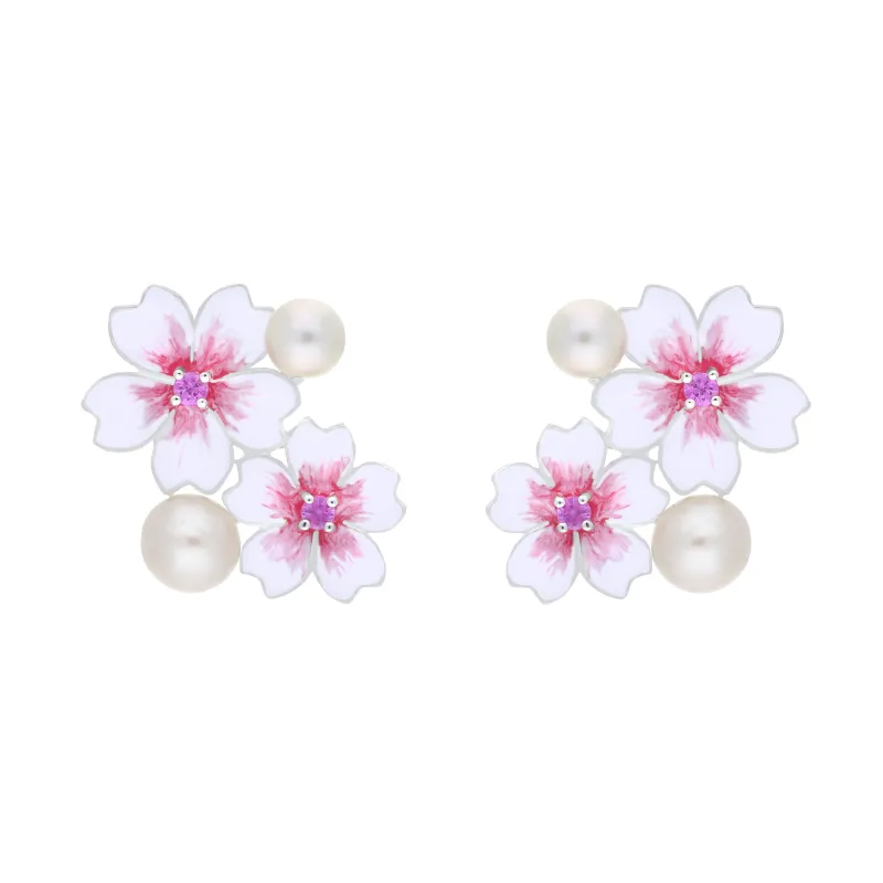 Sterling Silver Pearl & Pink Sapphire Double Cherry Blossom Stud Earrings sold by Jura Watches