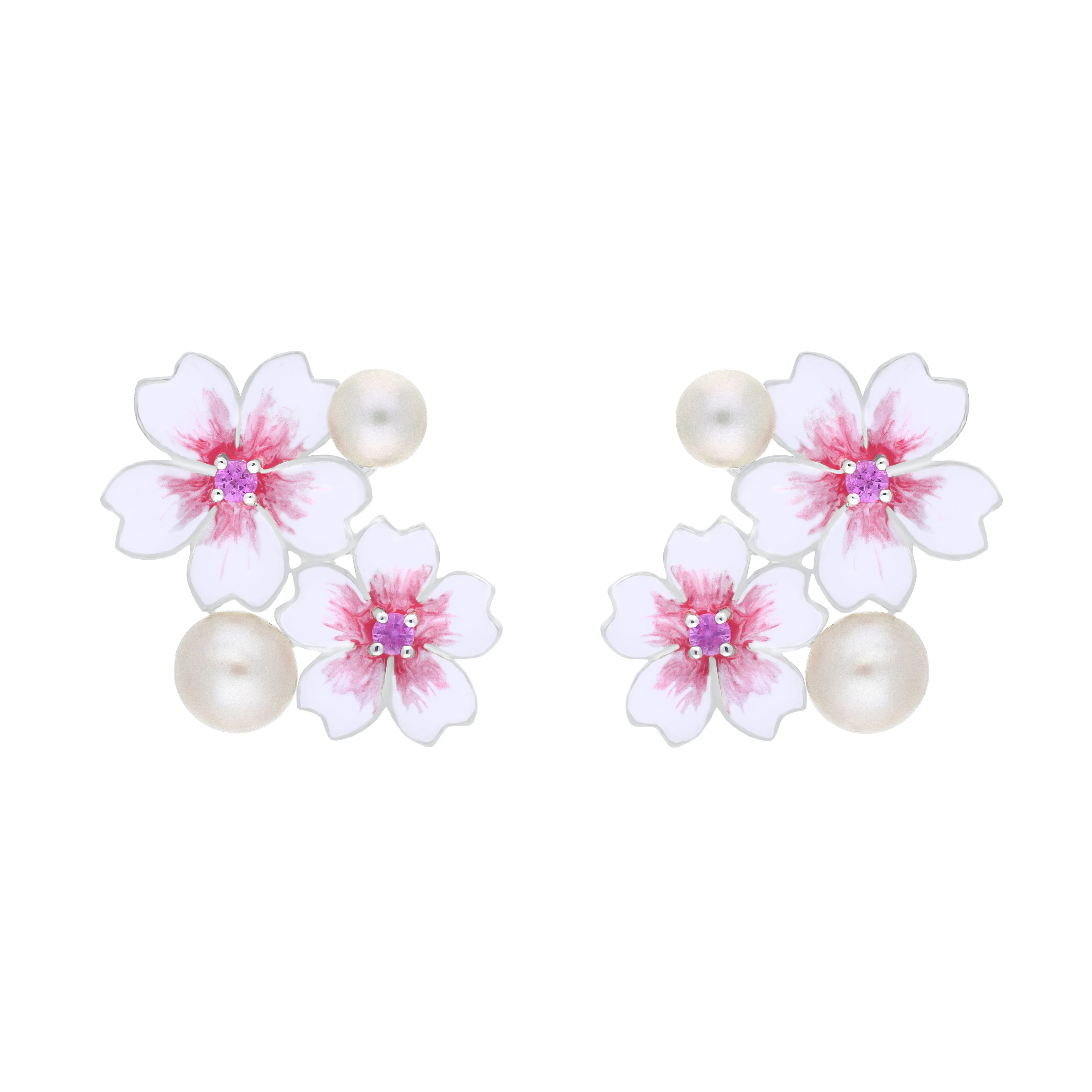 Sterling Silver Pearl & Pink Sapphire Double Cherry Blossom Stud Earrings sold by Jura Watches