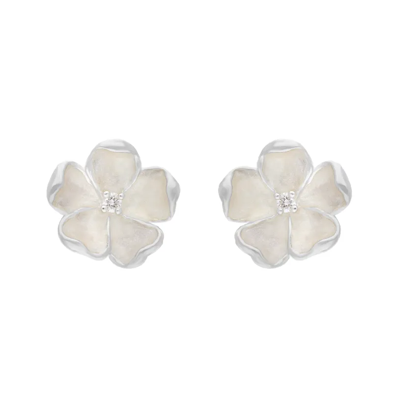 Sterling Silver White Enamel Diamond Flower Studs Earrings sold by Jura Watches