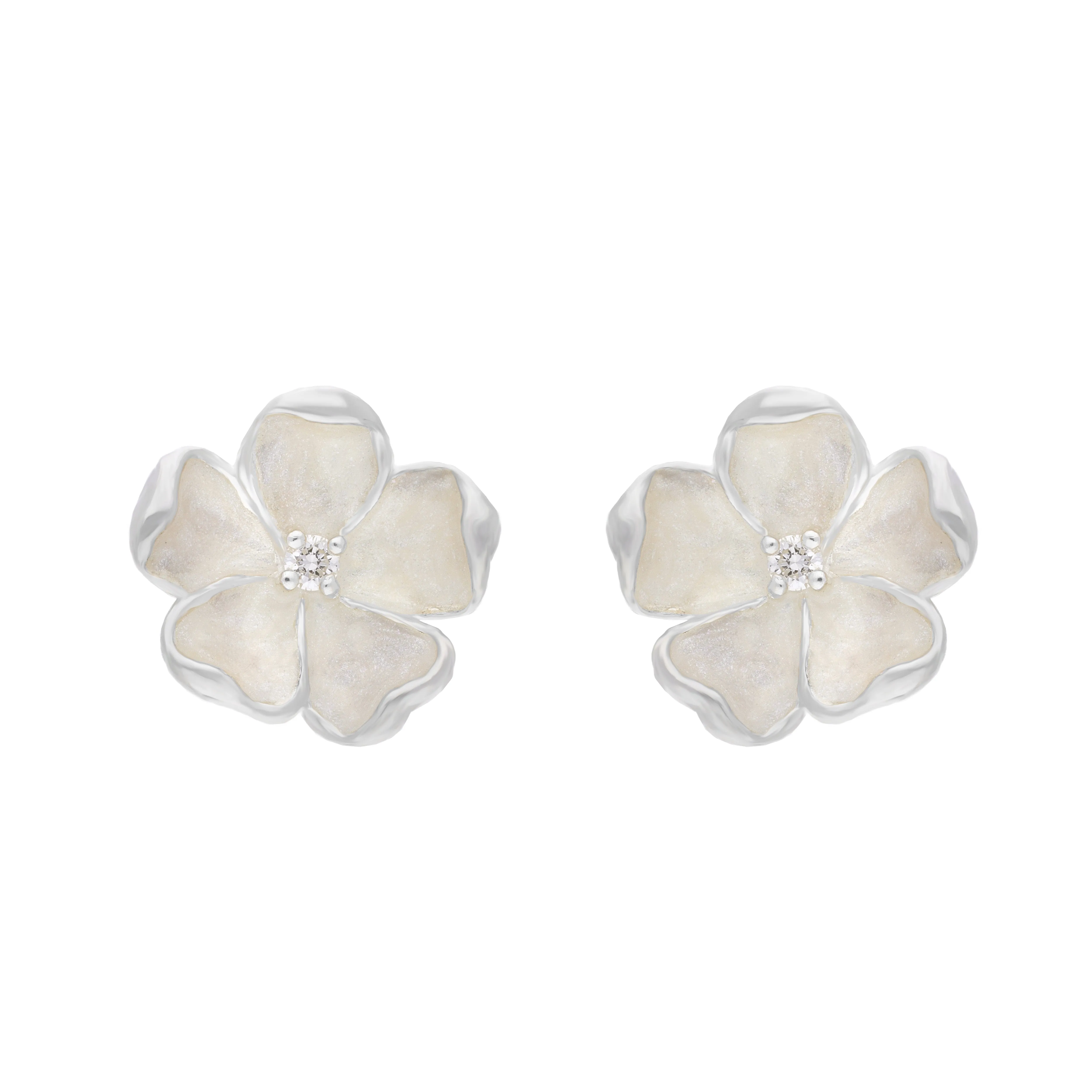 Sterling Silver White Enamel Diamond Flower Studs Earrings sold by Jura Watches