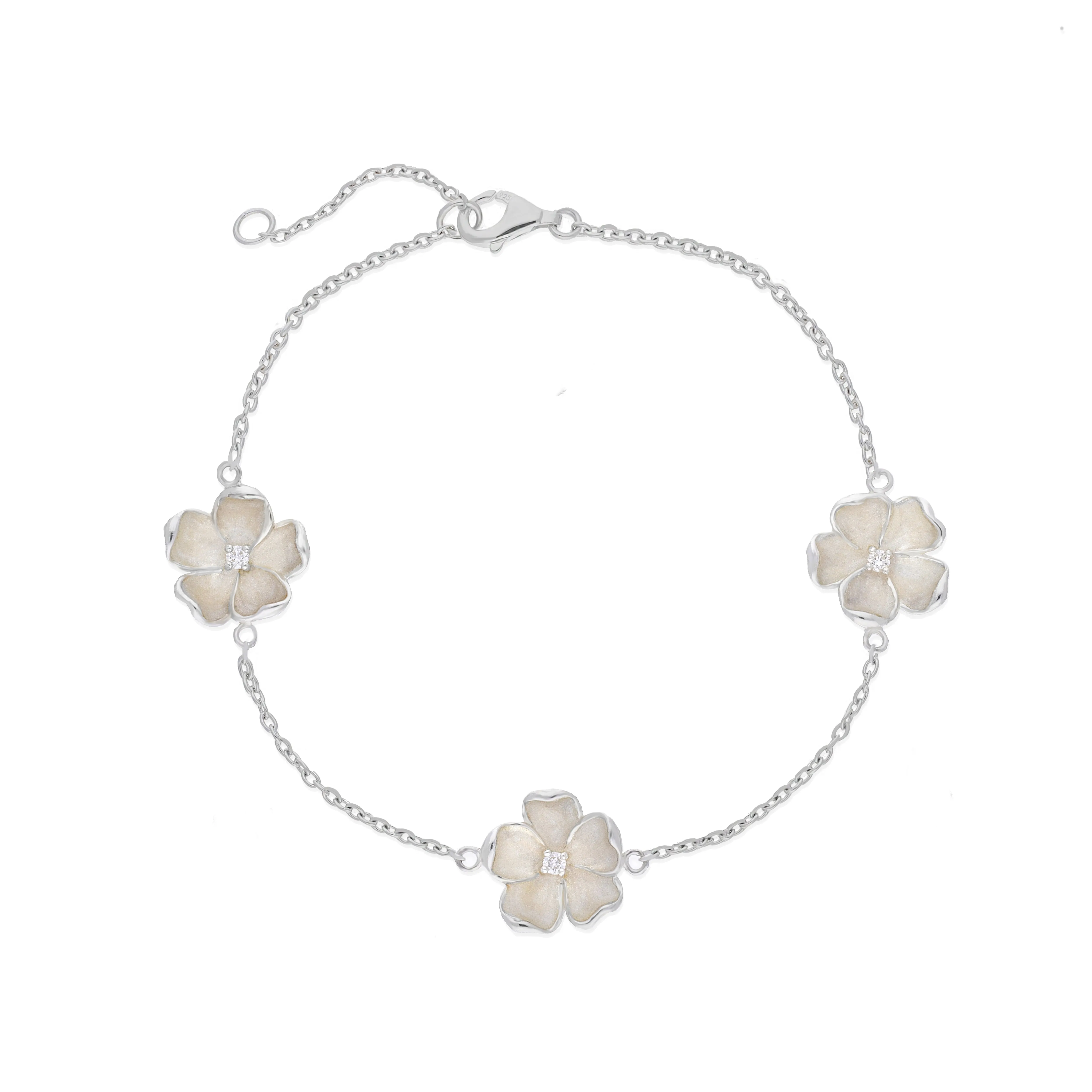 Sterling Silver White Enamel Diamond Three Flower Bracelet sold by Jura Watches