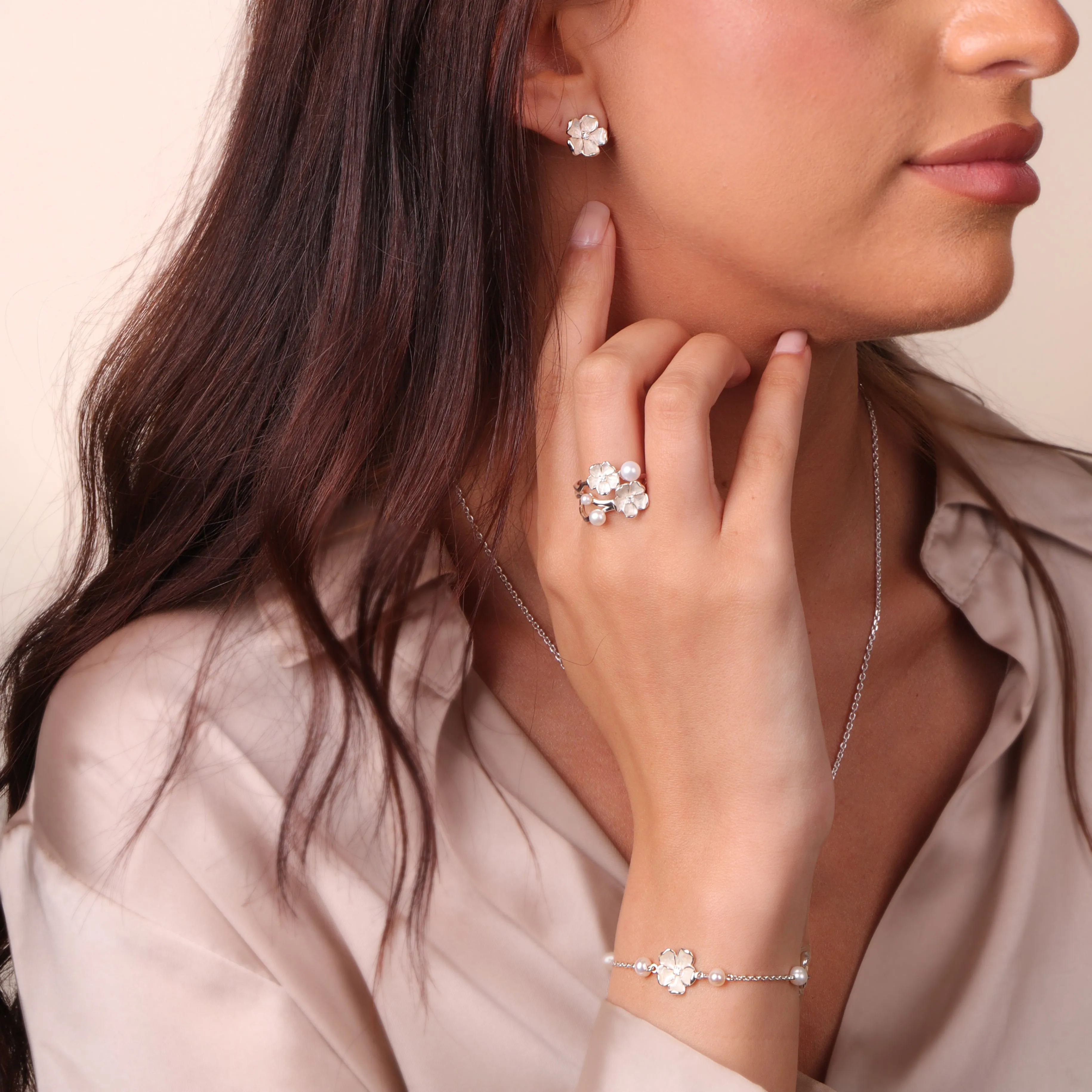 Sterling Silver Pearl & Diamond Three Flower Bracelet sold by Jura Watches product image thumbnail 4