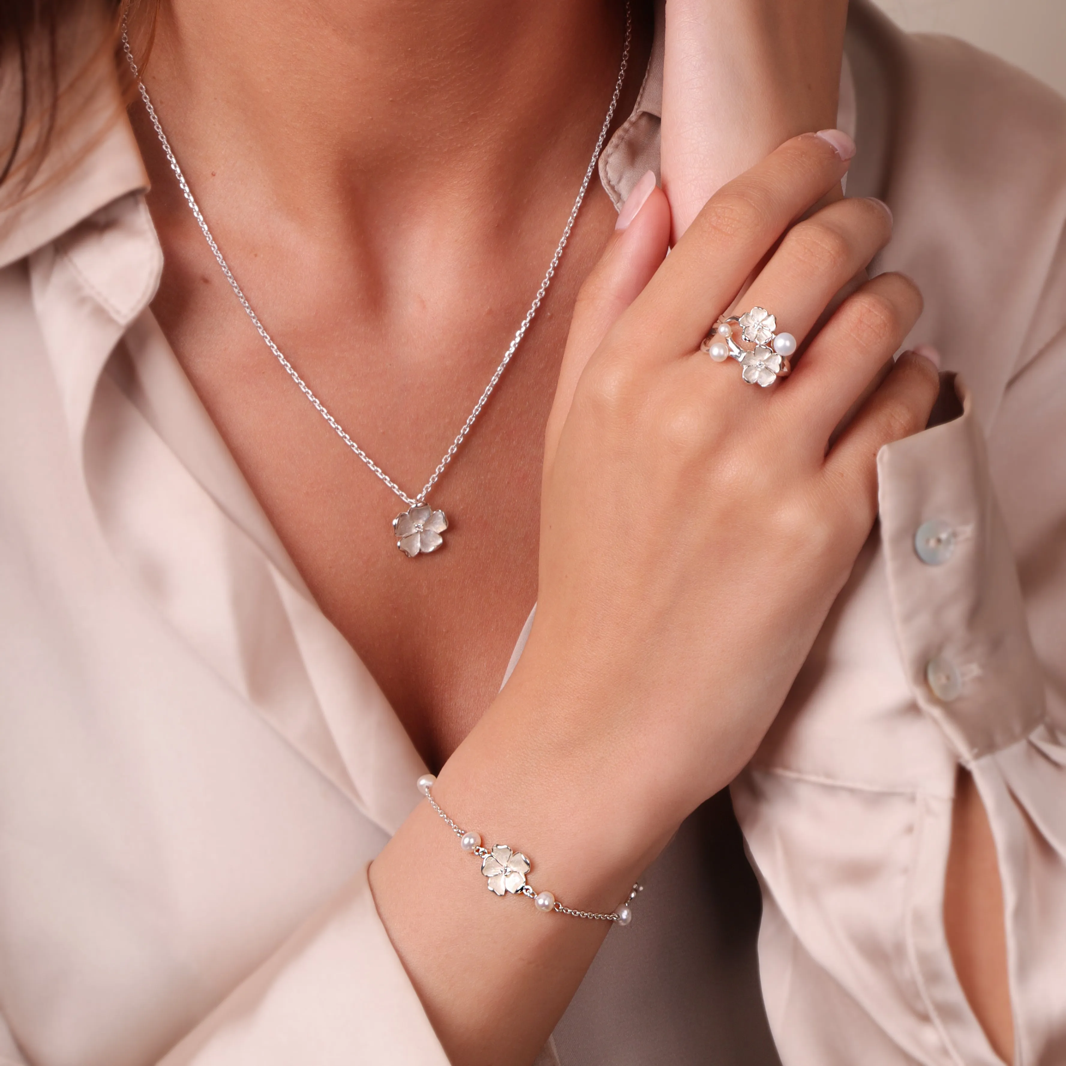 Sterling Silver Pearl & Diamond Three Flower Bracelet sold by Jura Watches product image thumbnail 3