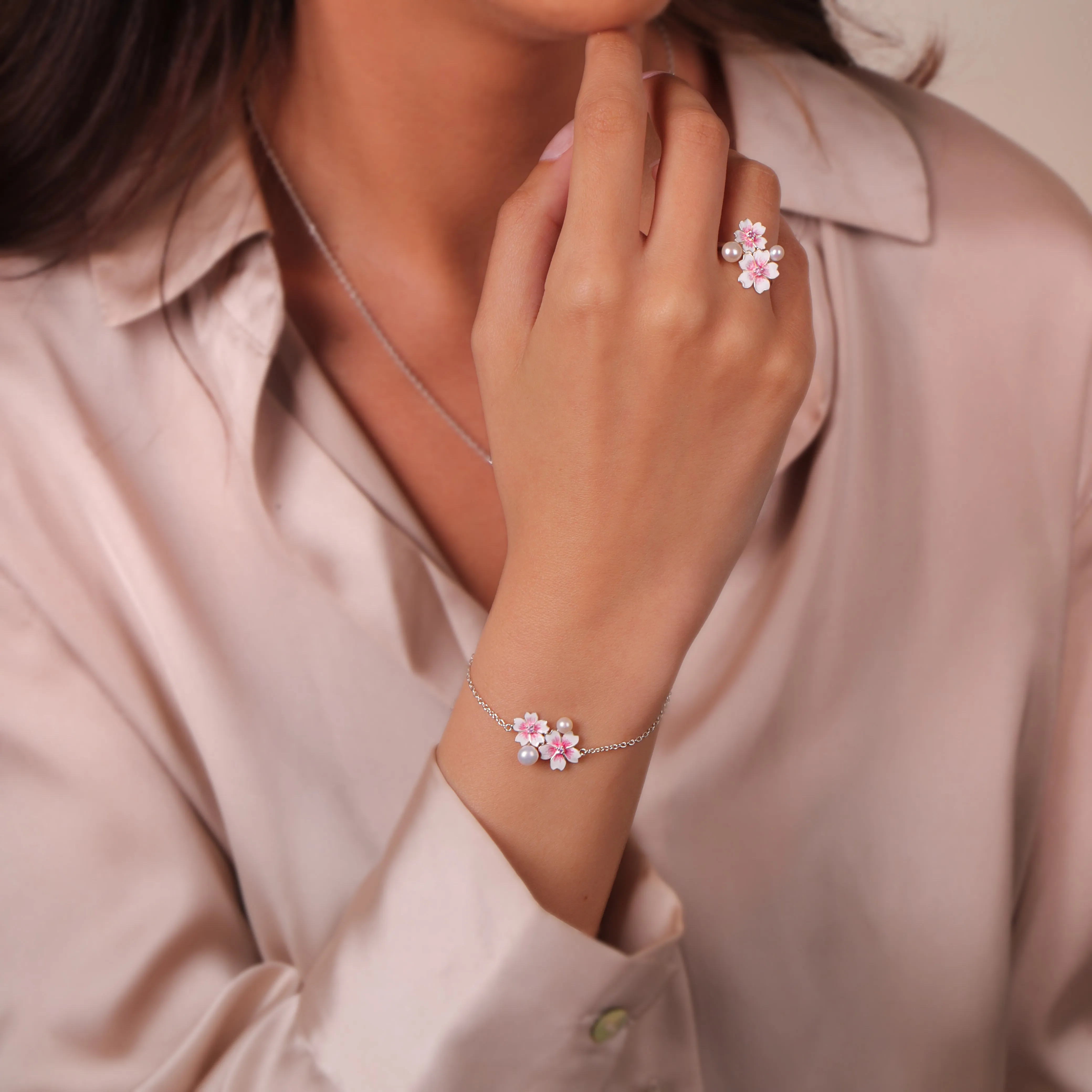 Sterling Silver Pearl & Pink Sapphire Double Cherry Blossom Flower Bracelet sold by Jura Watches product image thumbnail 3