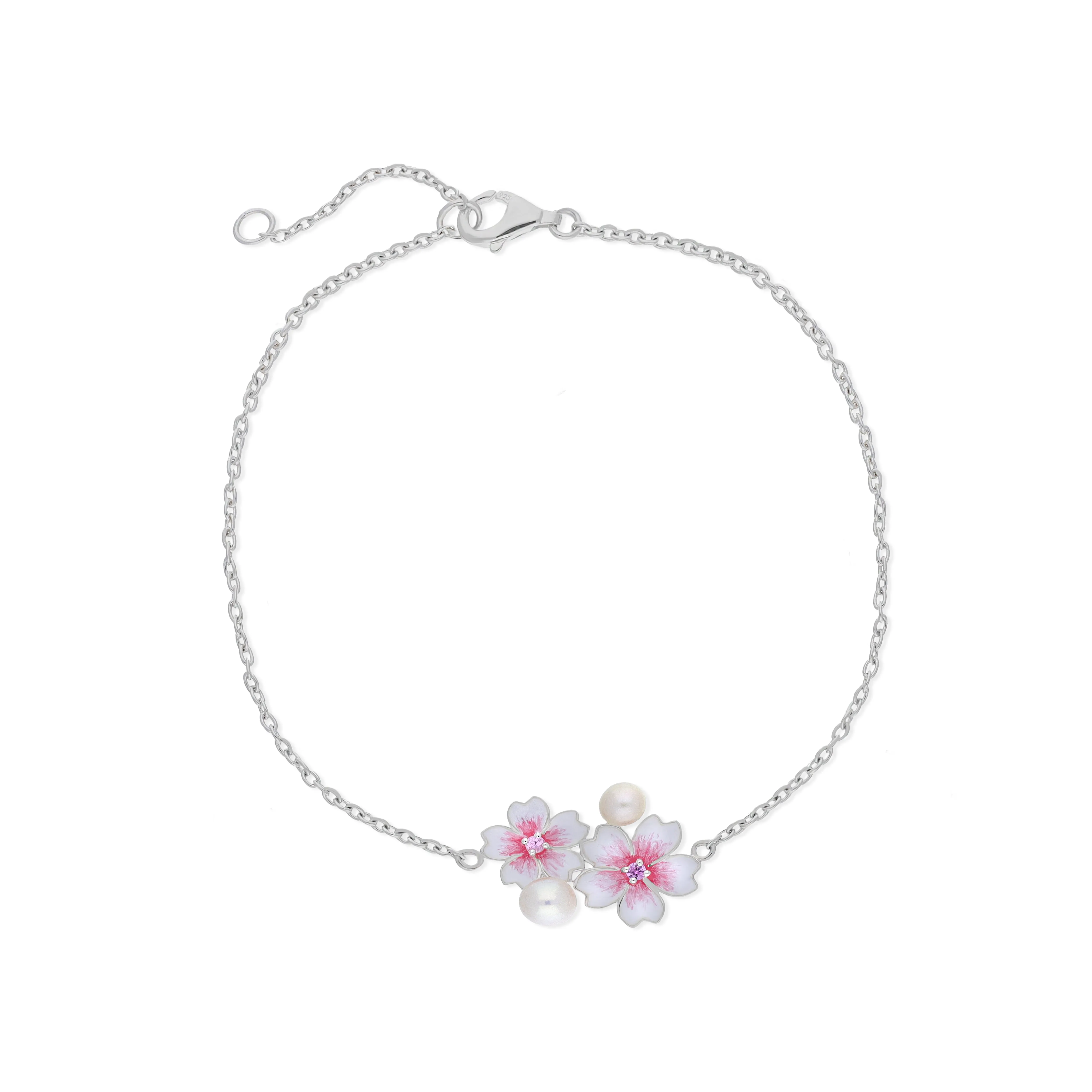 Sterling Silver Pearl & Pink Sapphire Double Cherry Blossom Flower Bracelet sold by Jura Watches