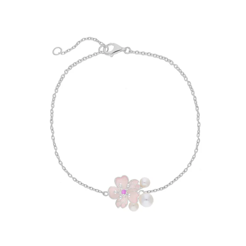 Sterling Silver Pearl & Pink Sapphire Cherry Blossom Flower Bracelet sold by Jura Watches