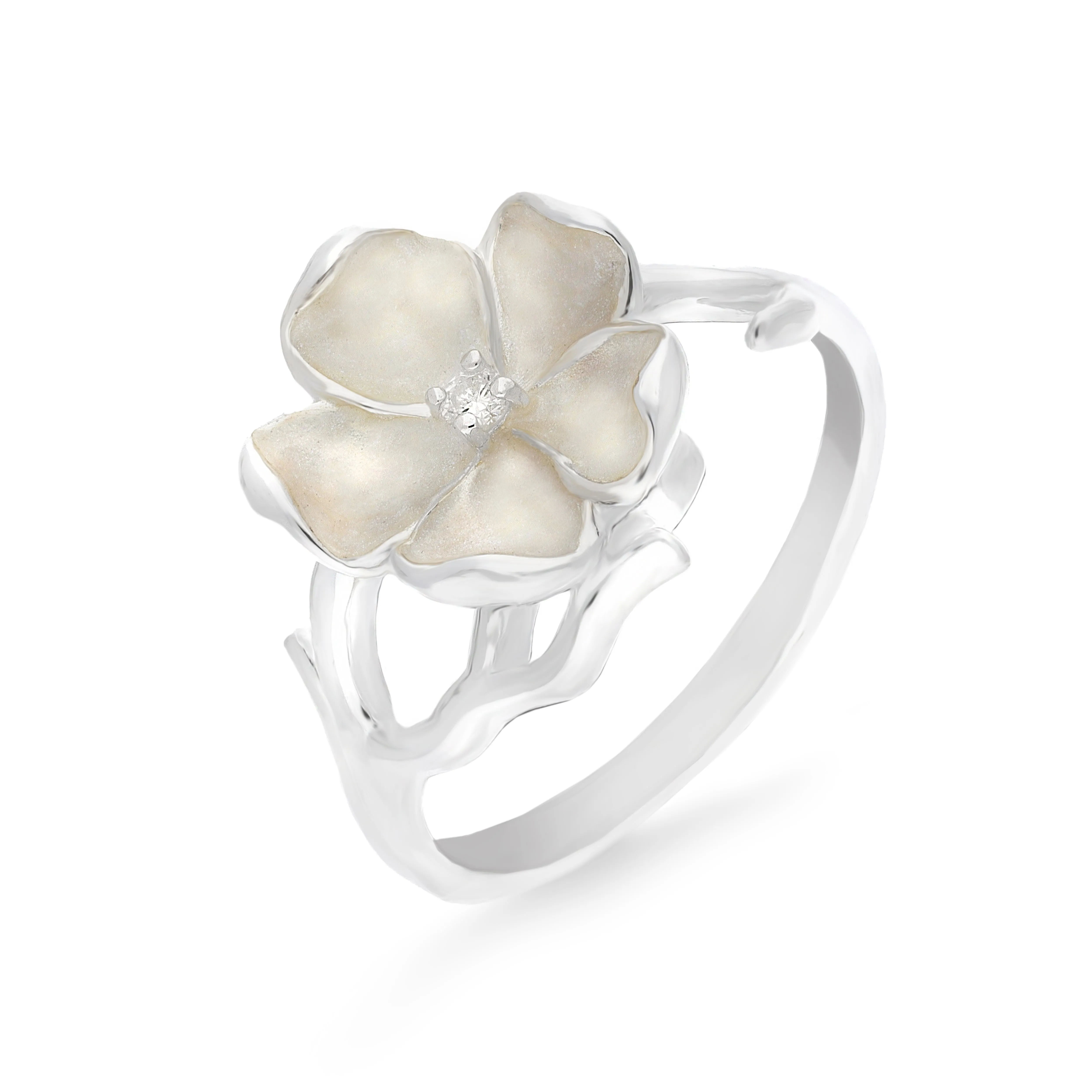 Sterling Silver Enamel and Diamond White Flower Ring sold by Jura Watches