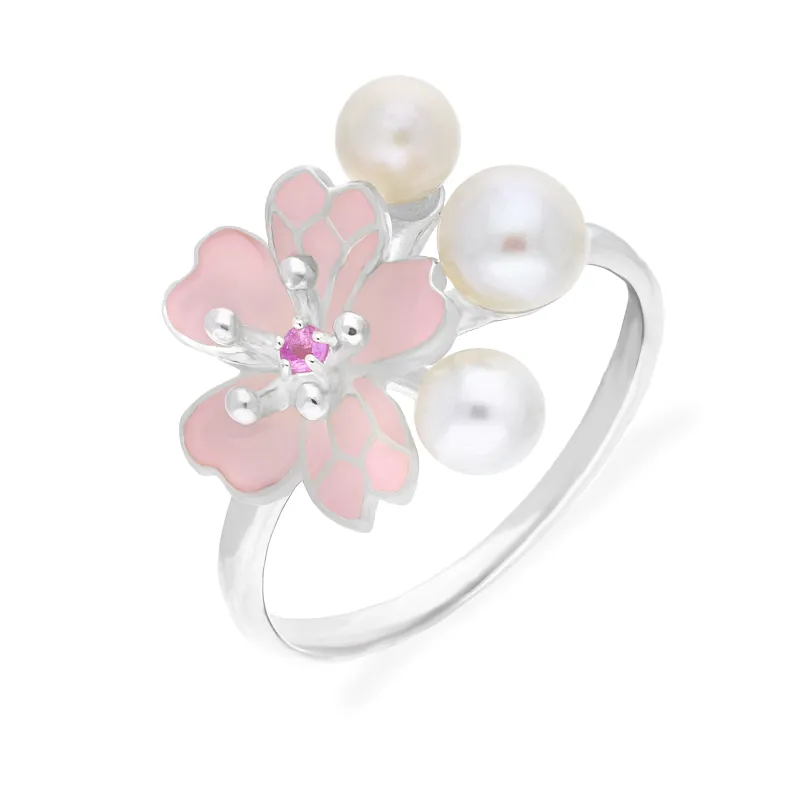 Sterling Silver Pearl Pink Sapphire Cherry Blossom Flower Ring sold by Jura Watches