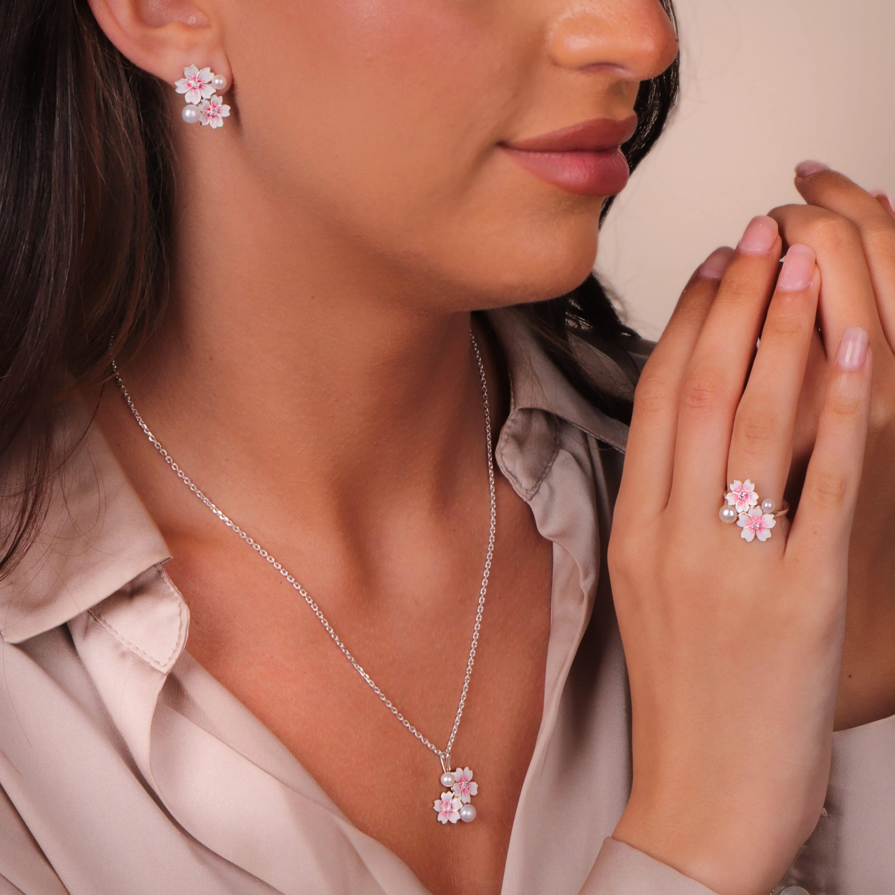 Sterling Silver Pearl Pink Sapphire Double Cherry Blossom Flower Ring sold by Jura Watches product image thumbnail 3