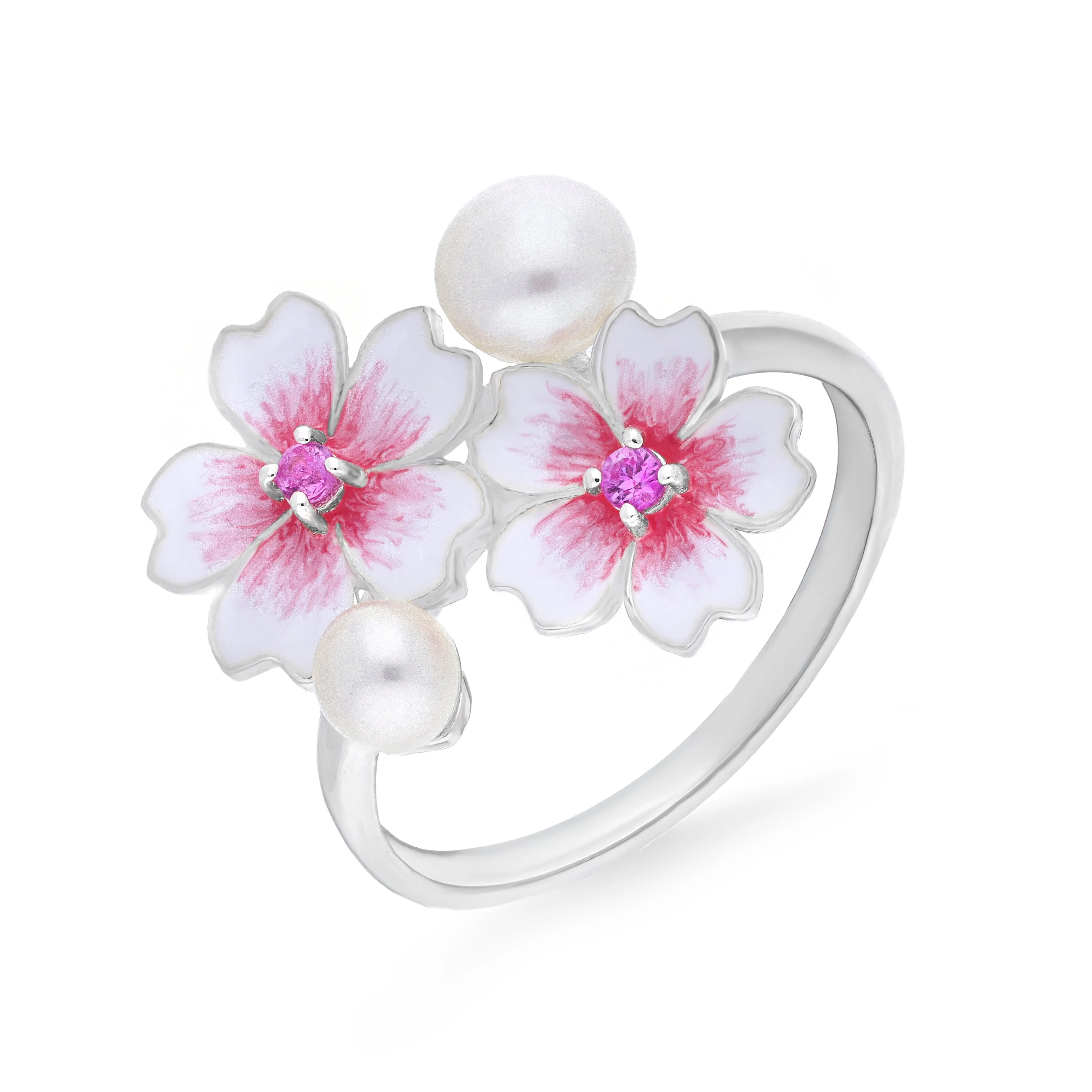 Sterling Silver Pearl Pink Sapphire Double Cherry Blossom Flower Ring sold by Jura Watches