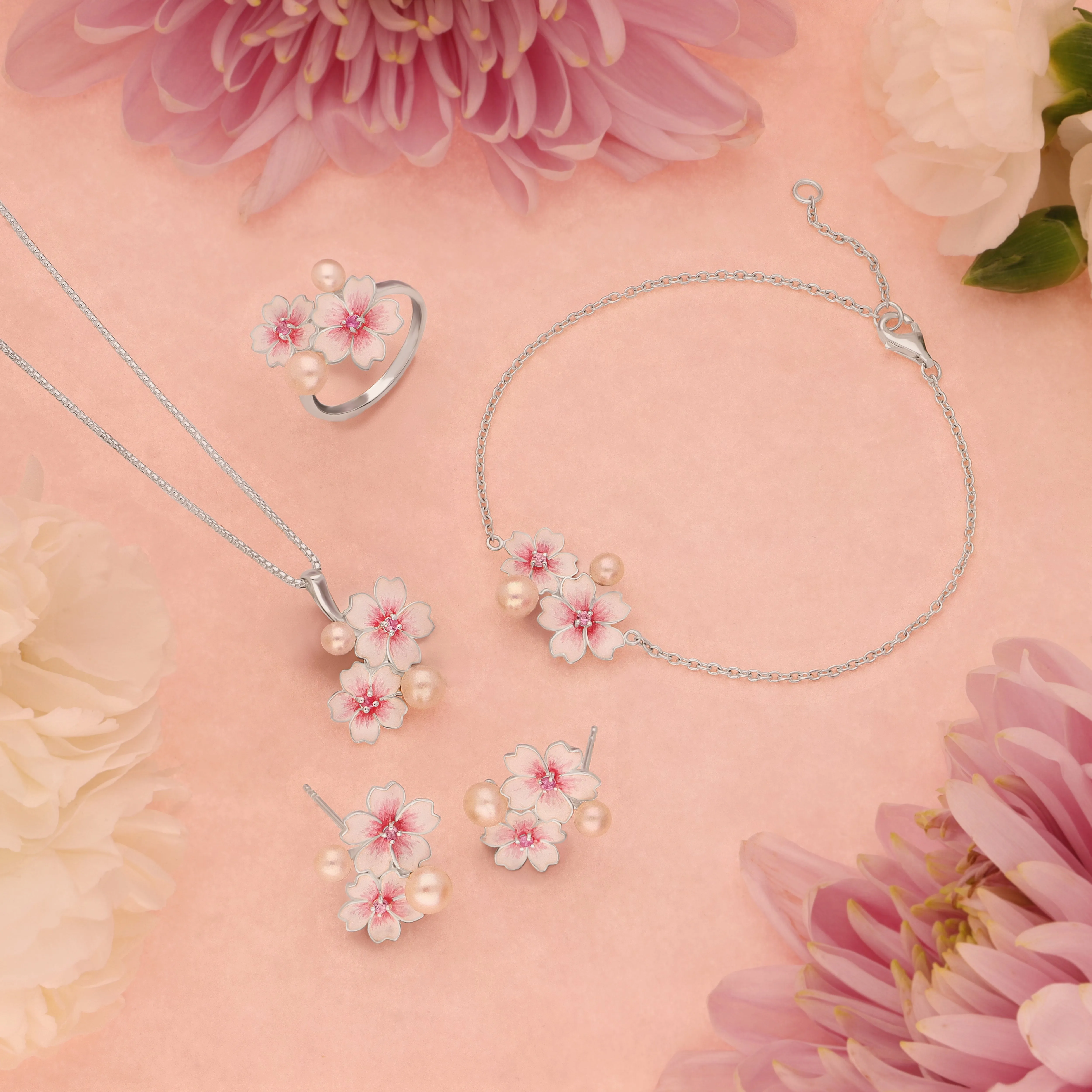 Sterling Silver Pearl Pink Sapphire Double Cherry Blossom Flower Ring sold by Jura Watches product image thumbnail 2