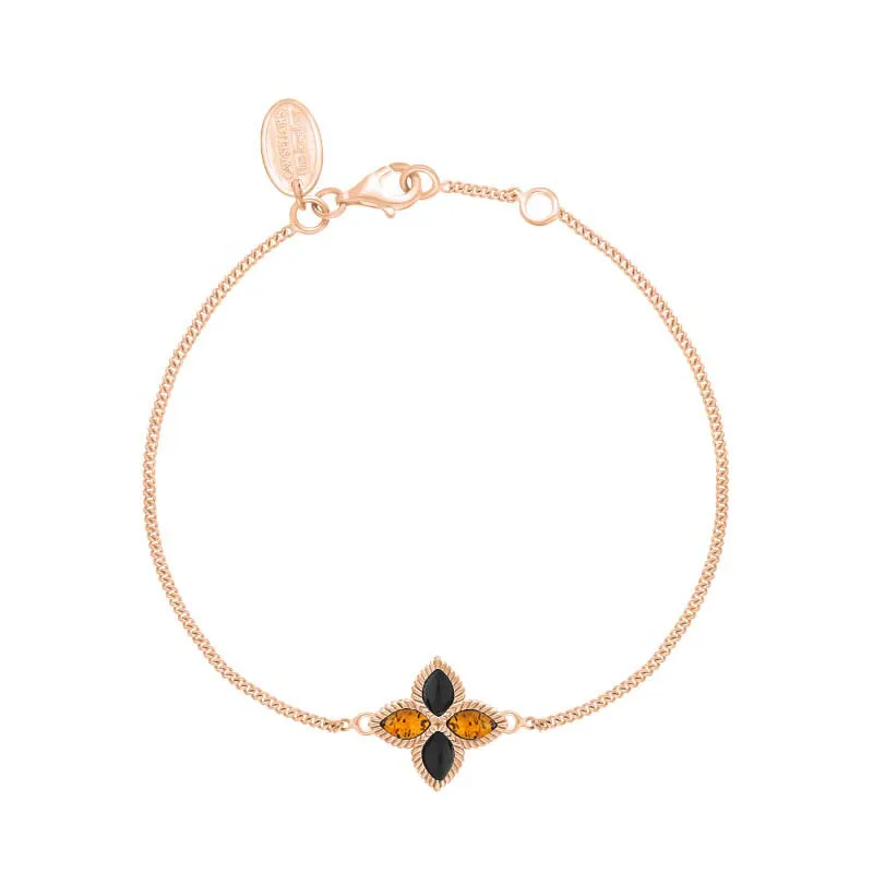 18ct Rose Gold Whitby Jet And Amber Eden Marquise Flower Bracelet sold by Jura Watches