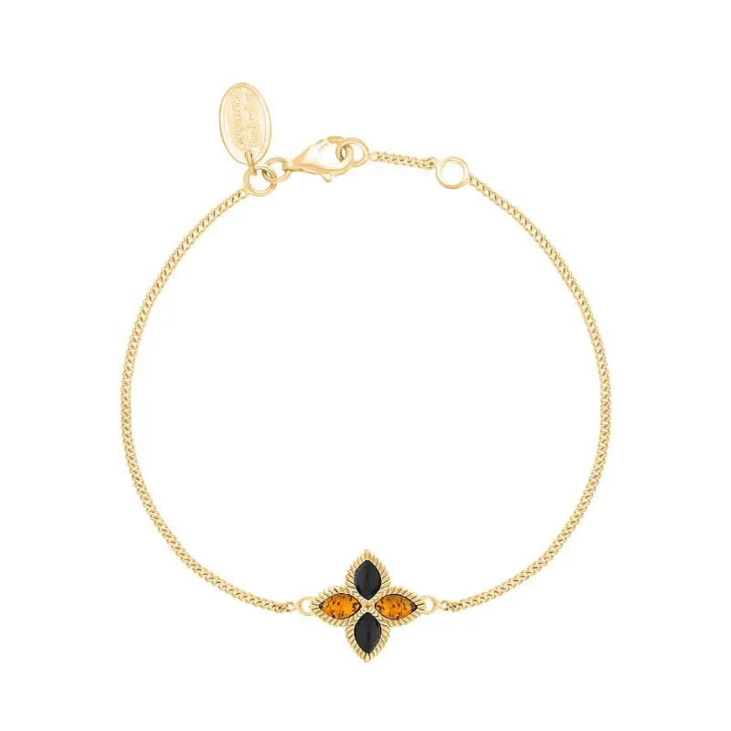 9ct Yellow Gold Whitby Jet And Amber Eden Marquise Flower Bracelet sold by Jura Watches