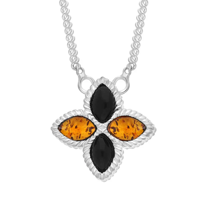 18ct White Gold Whitby Jet And Amber Eden Small Marquise Flower Necklace sold by Jura Watches