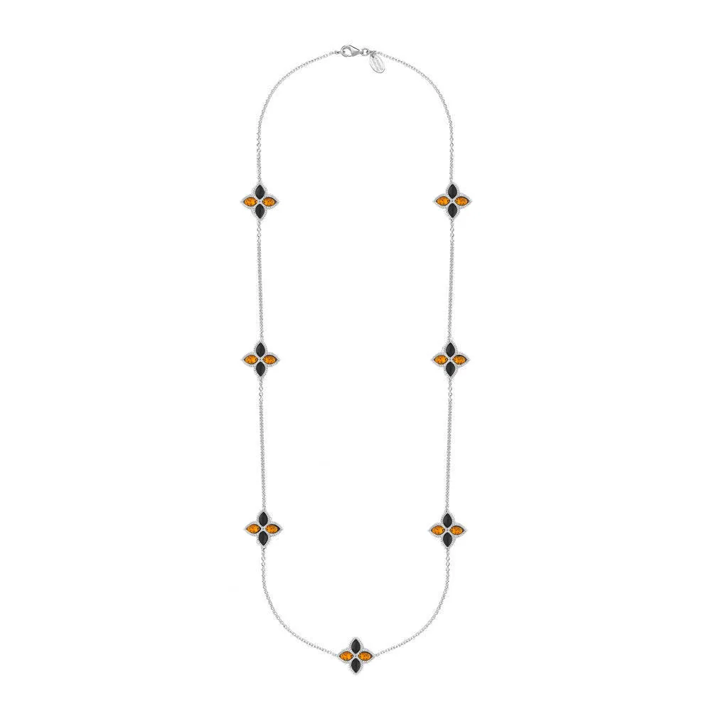 18ct White Gold Whitby Jet And Amber Eden Long Marquise Flower Necklace sold by Jura Watches