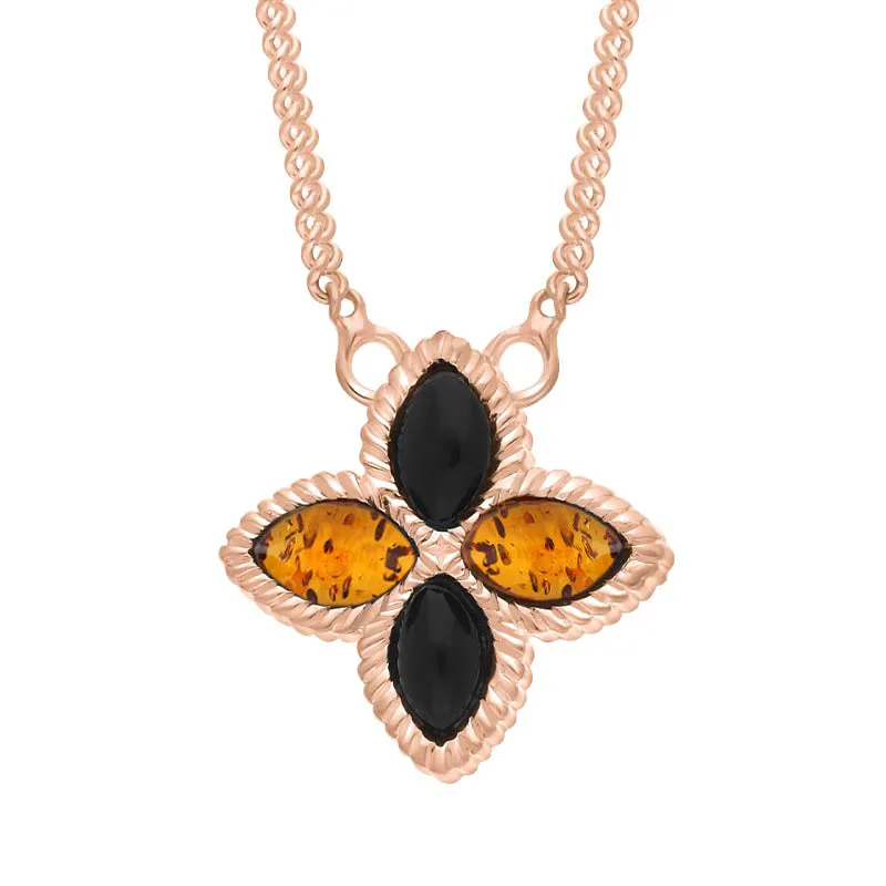 9ct Rose Gold Whitby Jet And Amber Eden Small Marquise Flower Necklace sold by Jura Watches