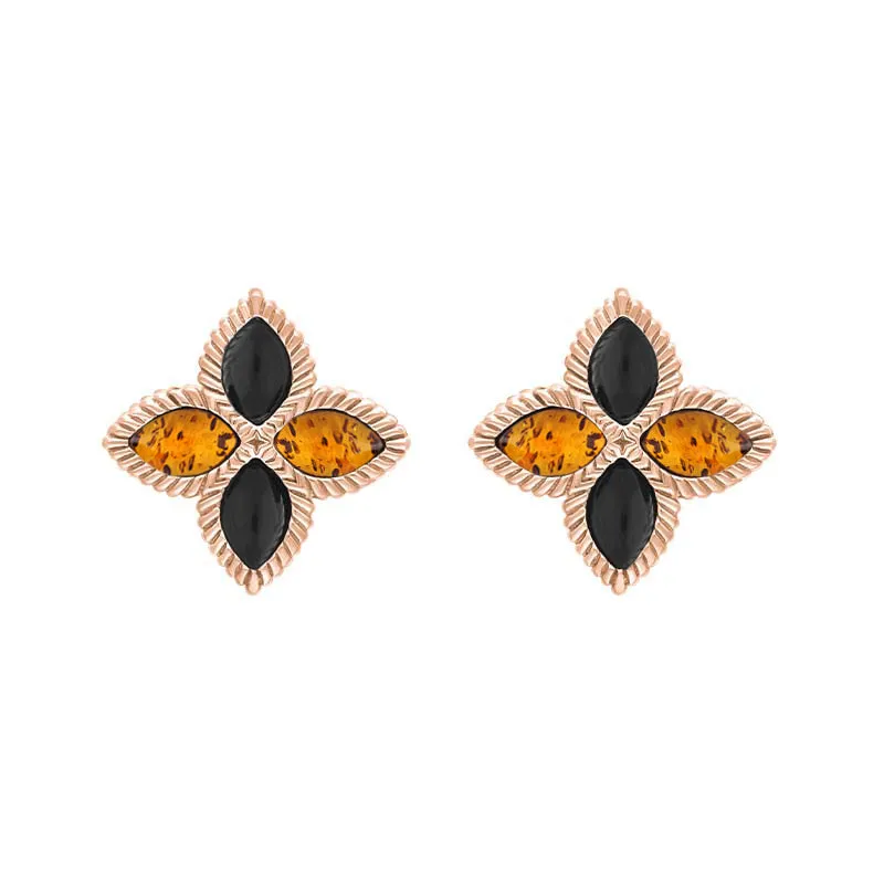 18ct Rose Gold Whitby Jet And Amber Eden Marquise Flower Stud Earrings sold by Jura Watches