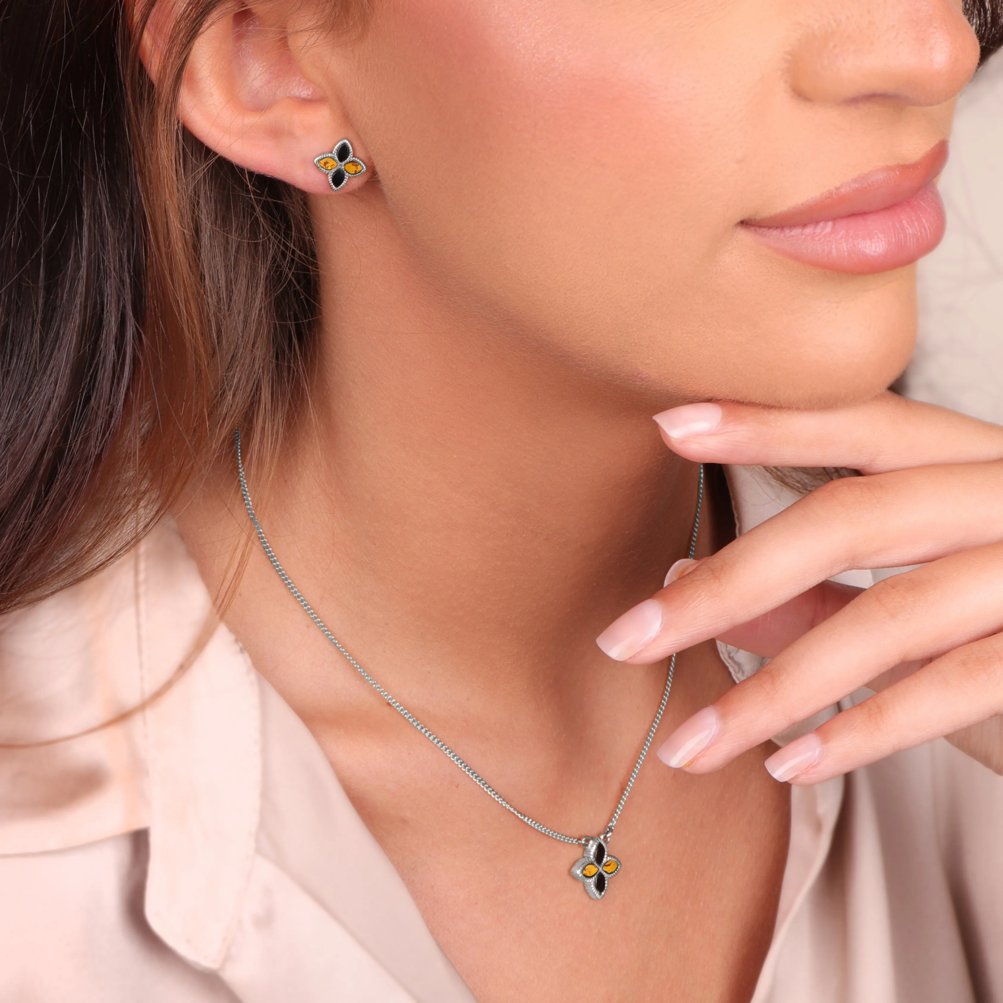 9ct White Gold Whitby Jet And Amber Eden Marquise Flower Stud Earrings sold by Jura Watches product image thumbnail 3