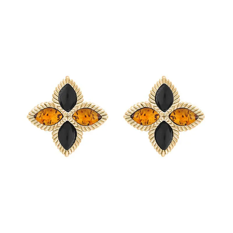 9ct Yellow Gold Whitby Jet And Amber Eden Marquise Flower Stud Earrings sold by Jura Watches