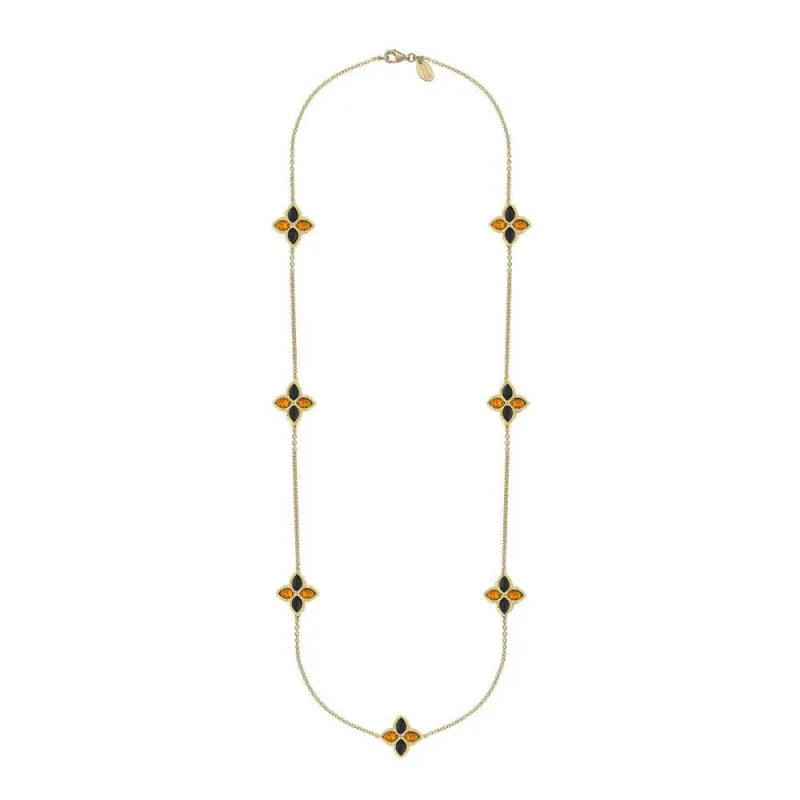 9ct Yellow Gold Whitby Jet And Amber Eden Long Marquise Flower Necklace sold by Jura Watches