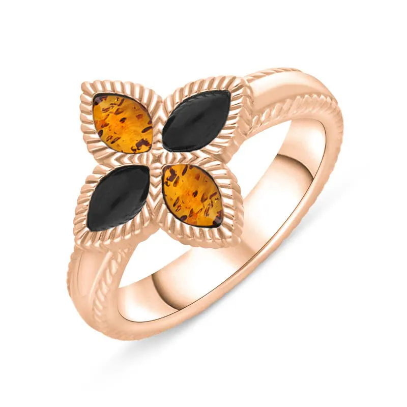 9ct Rose Gold Whitby Jet And Amber Eden Marquise Flower Ring sold by Jura Watches