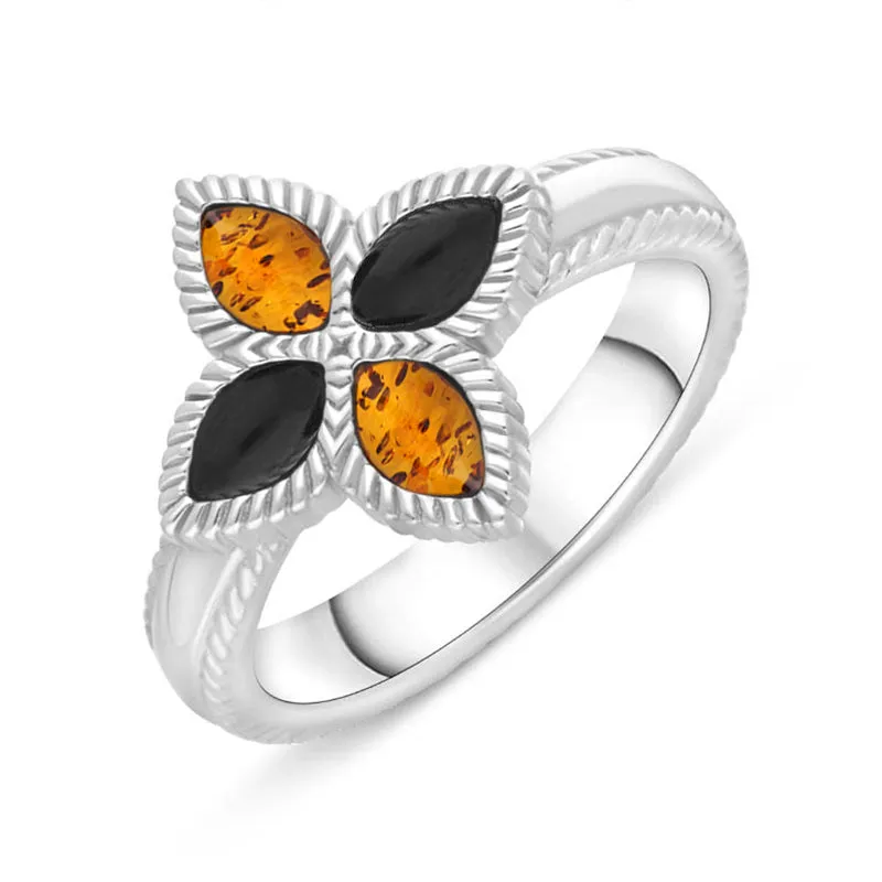 9ct White Gold Whitby Jet And Amber Eden Marquise Flower Ring sold by Jura Watches