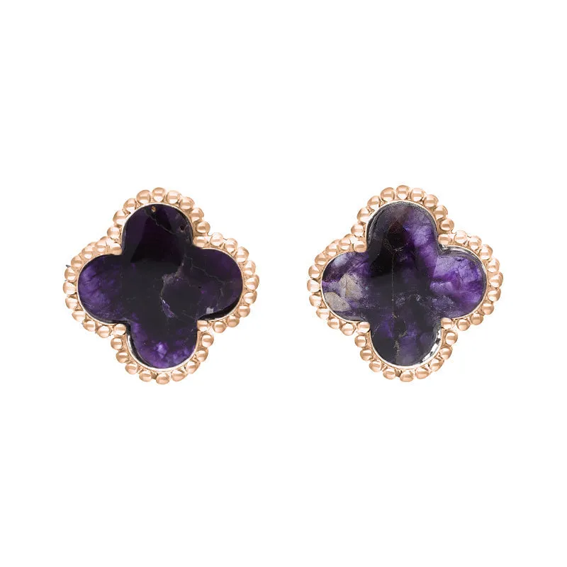 9ct Rose Gold Blue John Bloom Four Leaf Clover Ball Edge Stud Earrings sold by Jura Watches