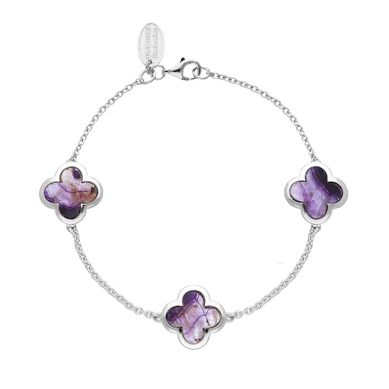 9ct White Gold Blue John  Bloom Four Leaf Clover Chain Bracelet sold by Jura Watches