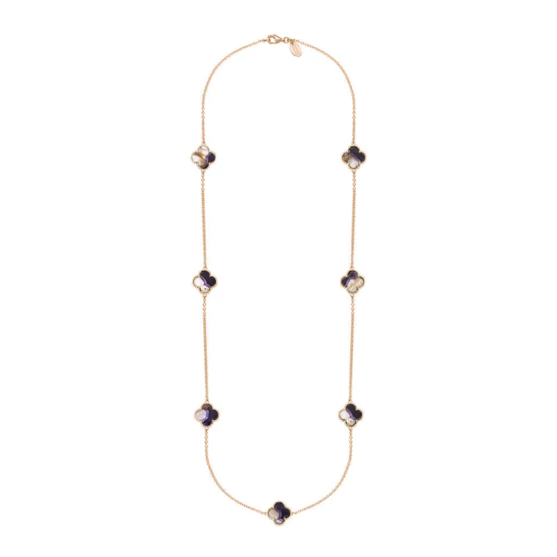 9ct Rose Gold Blue John Bloom Four Leaf Clover Ball Edge Long Necklace sold by Jura Watches