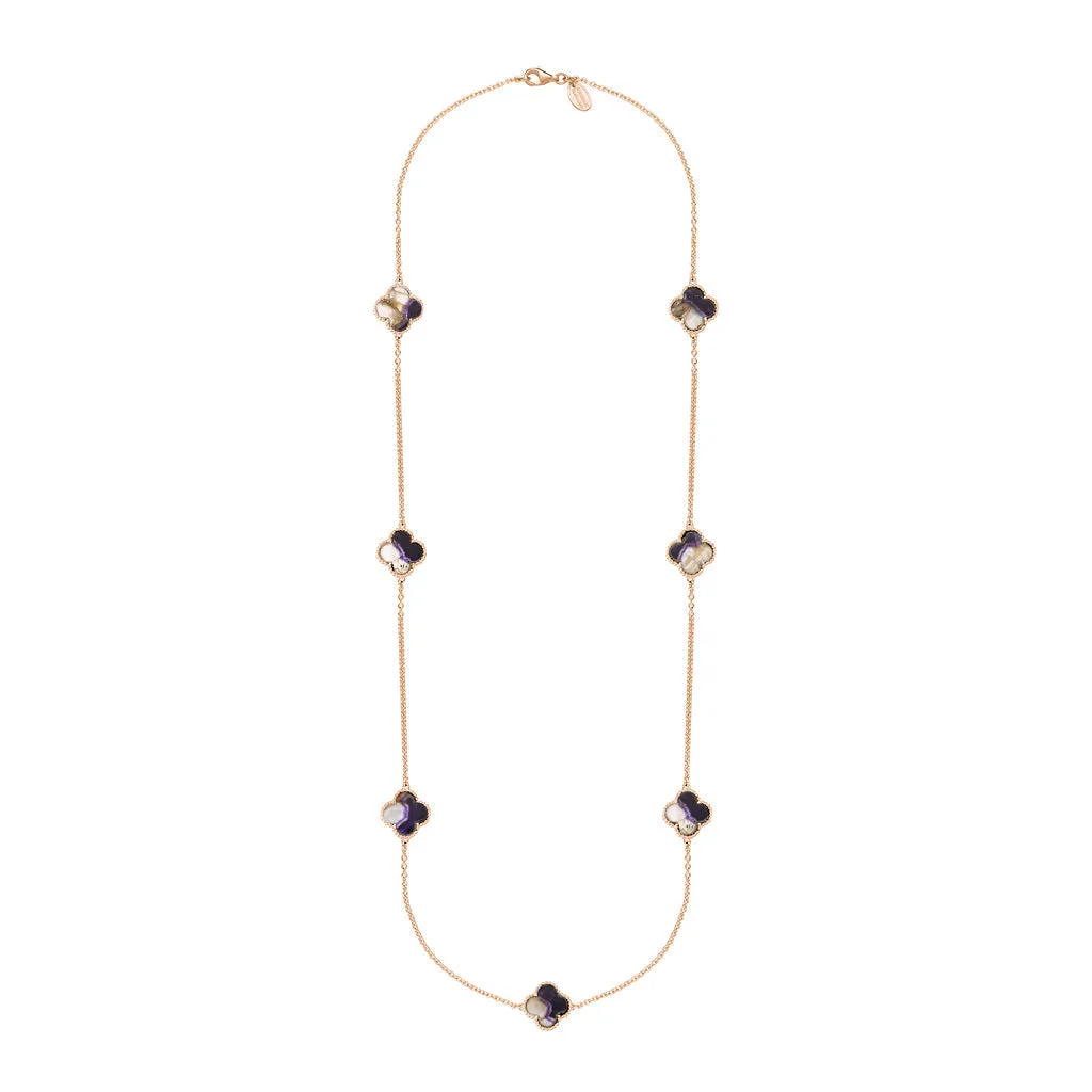 9ct Rose Gold Blue John Bloom Four Leaf Clover Ball Edge Long Necklace sold by Jura Watches