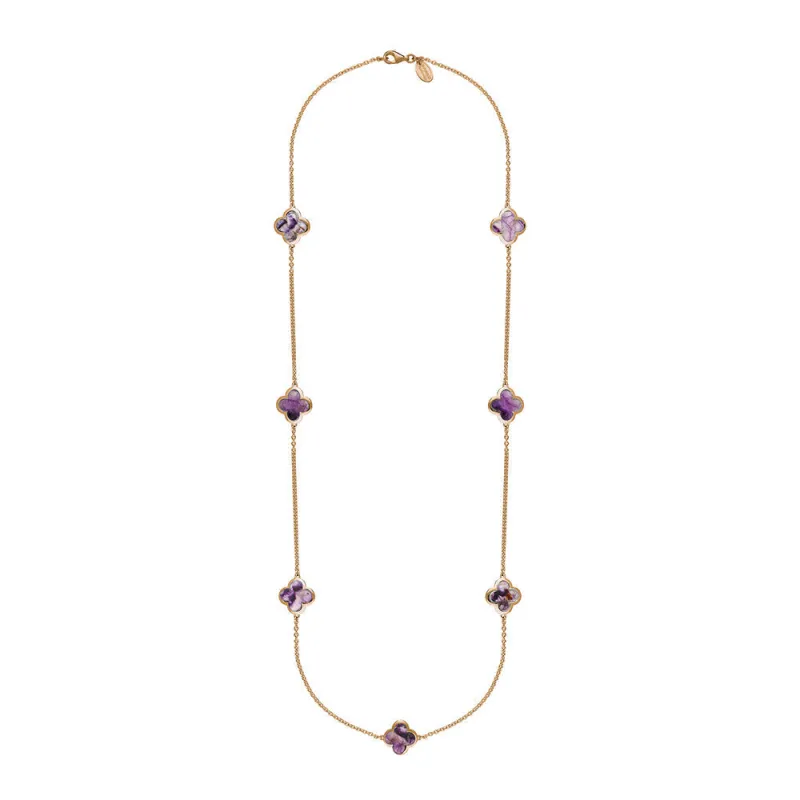 9ct Rose Gold Blue John Bloom Four Leaf Clover Long Necklace sold by Jura Watches