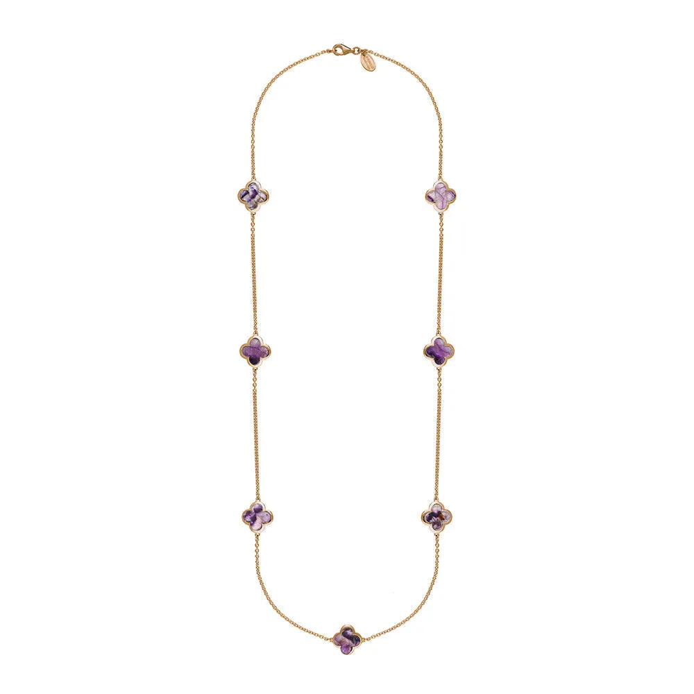 9ct Rose Gold Blue John Bloom Four Leaf Clover Long Necklace sold by Jura Watches