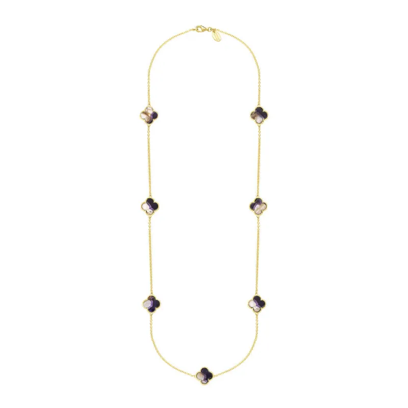 9ct Yellow Gold Blue John Bloom Four Leaf Clover Ball Edge Long Necklace sold by Jura Watches