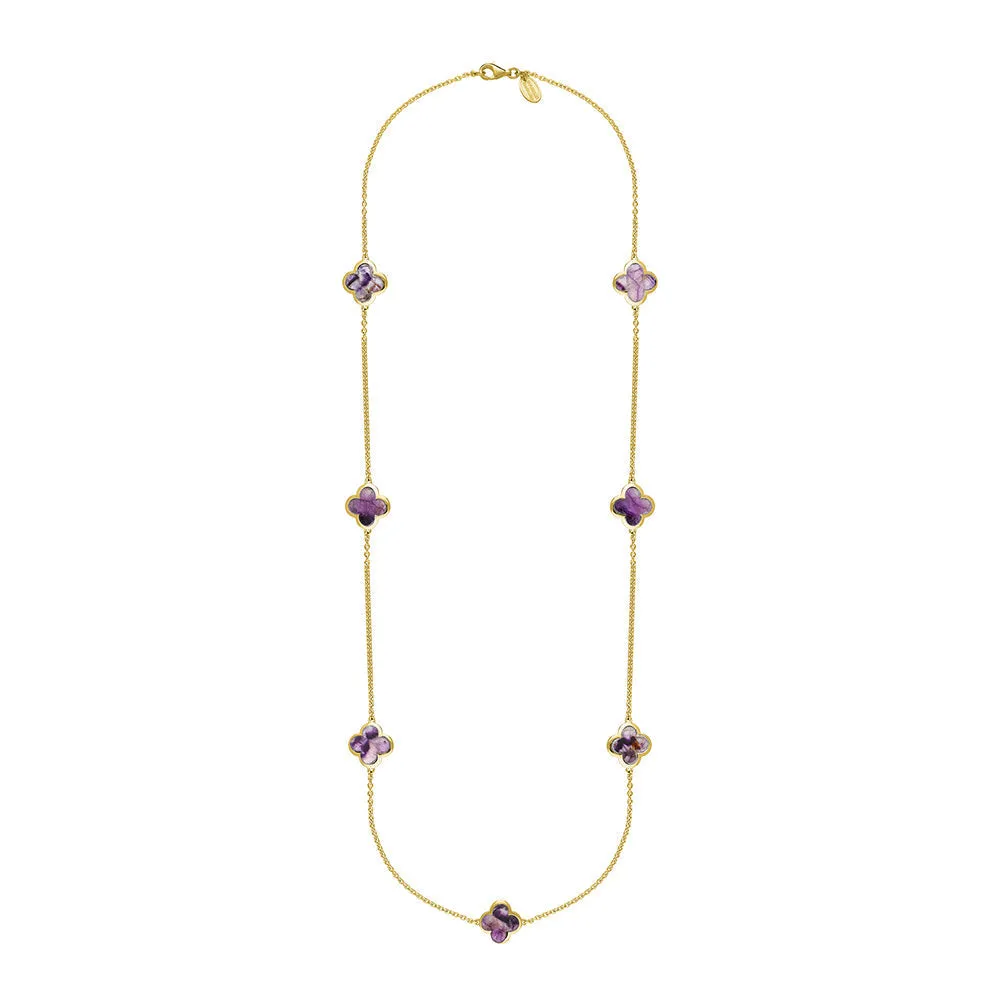 9ct Yellow Gold Blue John Bloom Four Leaf Clover Long Necklace sold by Jura Watches