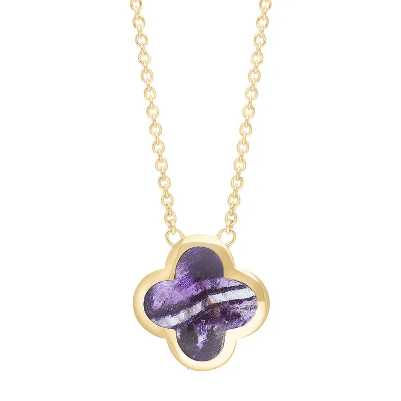 9ct Yellow Gold Blue John Bloom Large Four Leaf Clover Polished Edge Pendant sold by Jura Watches