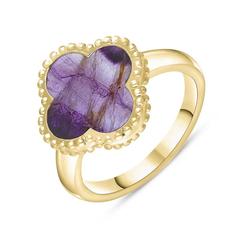 9ct Yellow Gold Blue John Bloom Four Leaf Clover Ball Edge Ring sold by Jura Watches