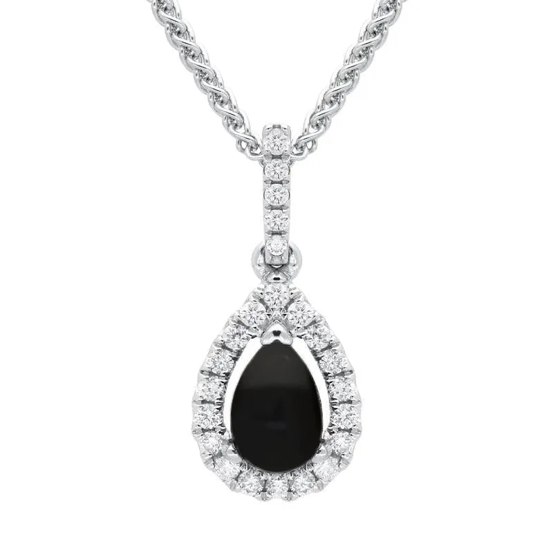 18ct White Gold Whitby Jet 0.13ct Diamond Pear Cluster Necklace sold by Jura Watches