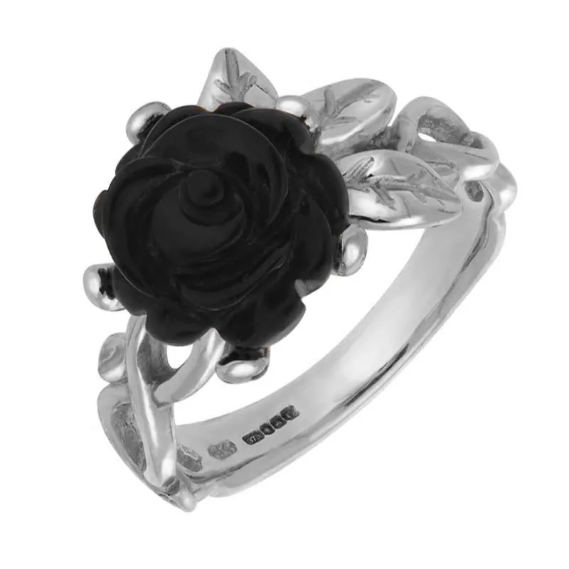 9ct White Gold Whitby Jet Tuberose 10mm Rose Leaf Twist Ring sold by Jura Watches
