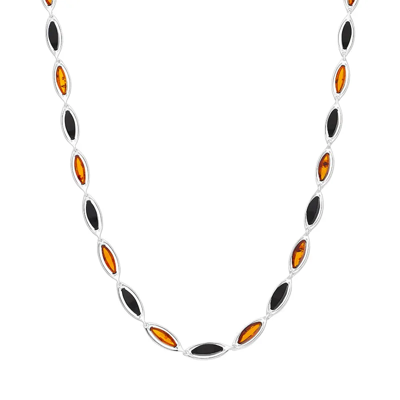 Sterling Silver Whitby Jet and Amber Marquise 23 Stone Necklace sold by Jura Watches