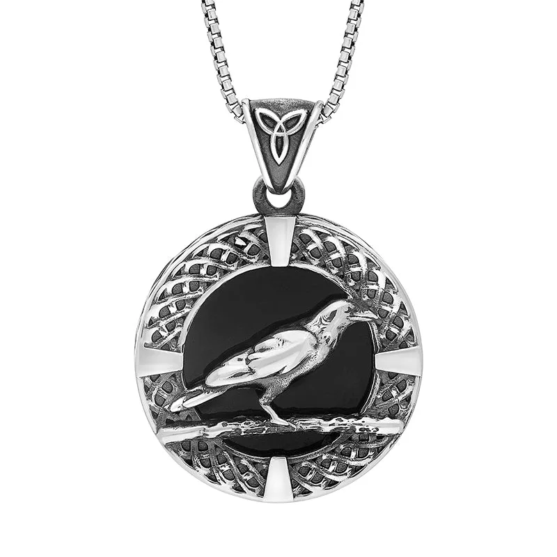 Sterling Silver Whitby Jet Round Celtic Raven Pendant sold by Jura Watches