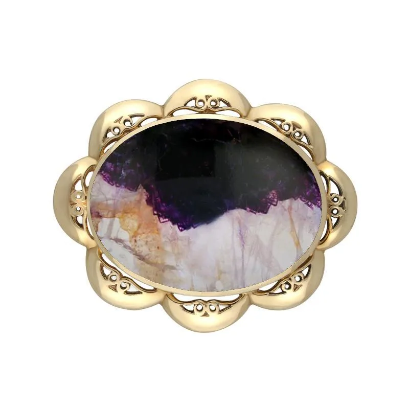 9ct Yellow Gold Blue John Oval Scalloped Edge Brooch sold by Jura Watches