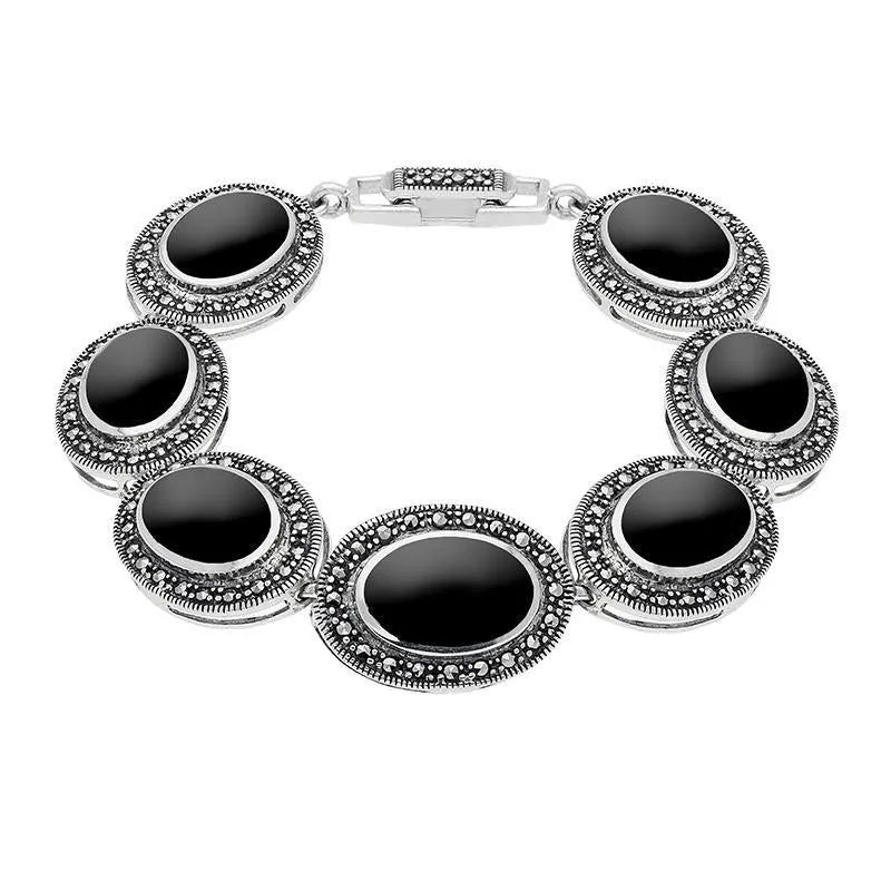 Sterling Silver Whitby Jet Marcasite Framed Oval Bracelet sold by Jura Watches