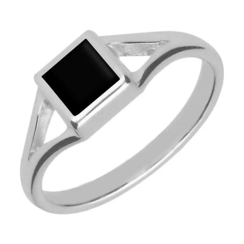 Sterling Silver Whitby Jet Square Split Shoulder Ring sold by Jura Watches