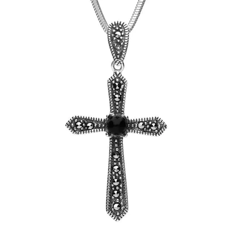Sterling Silver Whitby Jet Marcasite Pointed Cross Necklace sold by Jura Watches