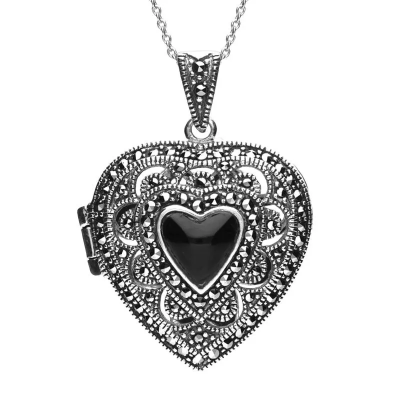 Sterling Silver Whitby Jet Marcasite Large Heart Locket Necklace sold by Jura Watches