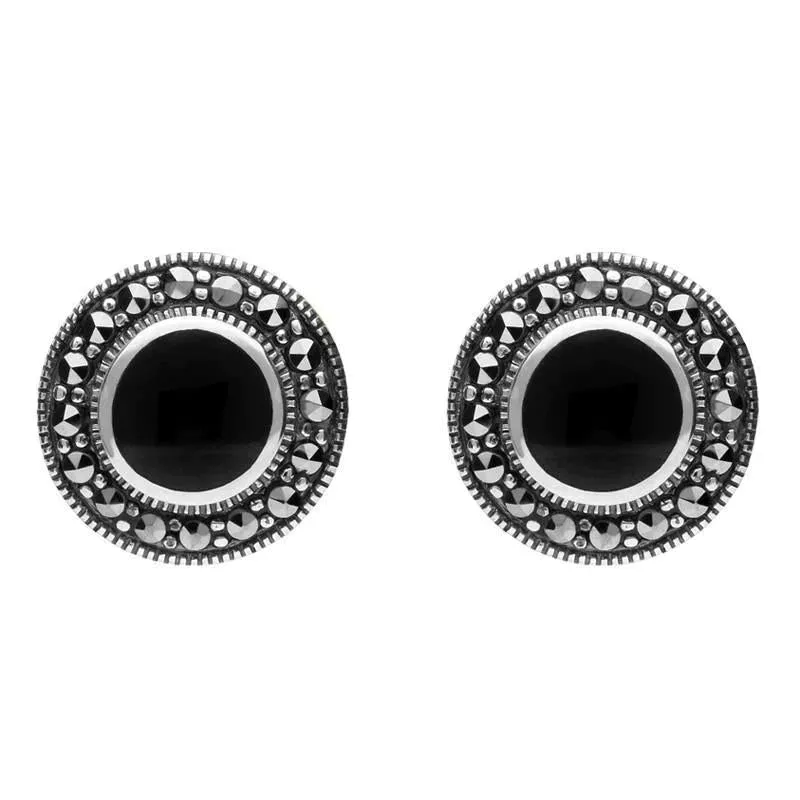 Sterling Silver Whitby Jet Marcasite Round Beaded Edge Stud Earrings sold by Jura Watches