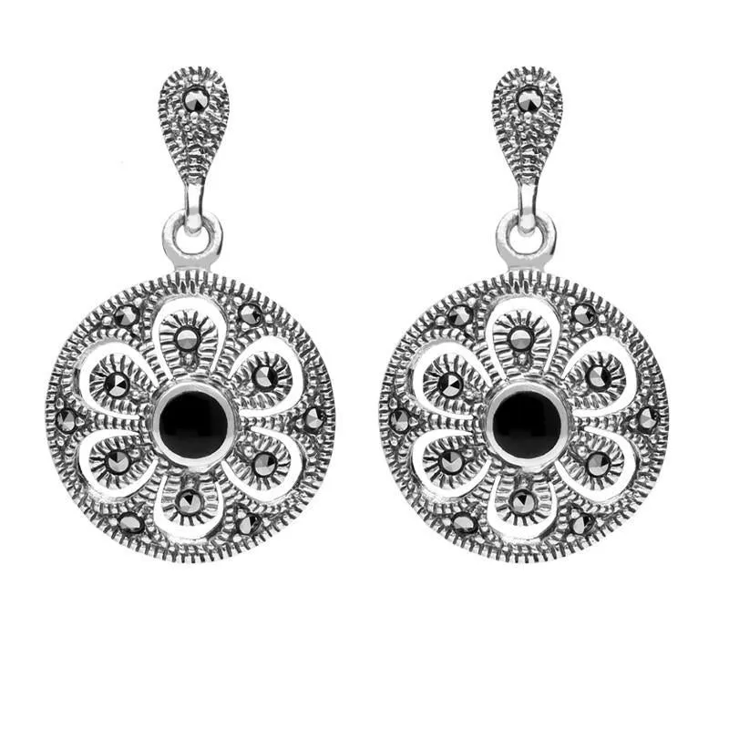Sterling Silver Whitby Jet Art Deco Floral Marcasite Drop Earrings sold by Jura Watches