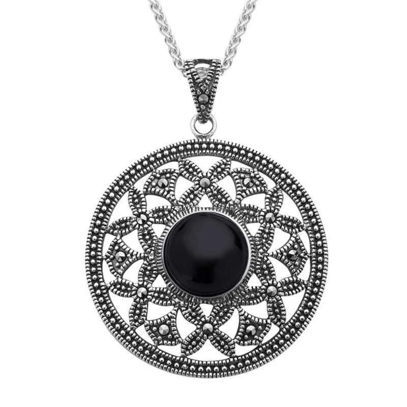 Sterling Silver Whitby Jet Marcasite Open Circle Necklace sold by Jura Watches