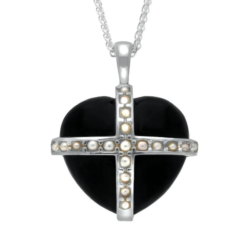Sterling Silver Whitby Jet Nineteen Pearl Large Cross Heart Necklace sold by Jura Watches